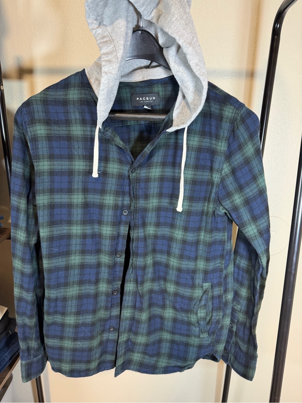 PacSun Plaid Hooded Shirt Jacket in Blue and Green